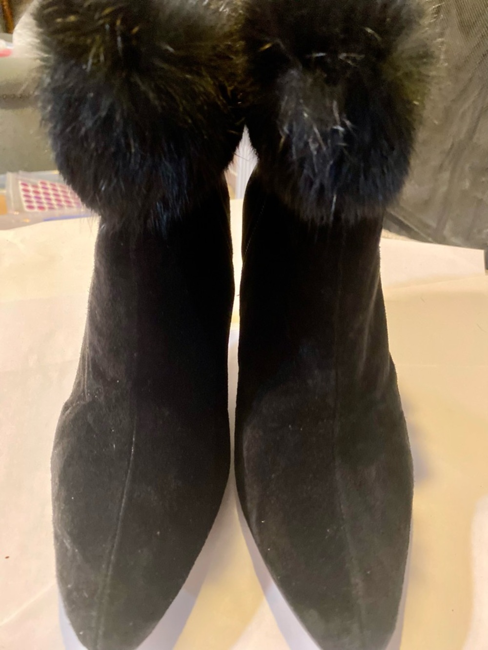 Women’s Newport News Black Faux Fur Trim Pointed Toe Ankle Booties